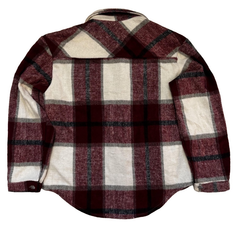 Flannel Shirt Jacket Shacket Coat Size XS Plaid Red White Black Cream Pockets - Picture 3 of 15